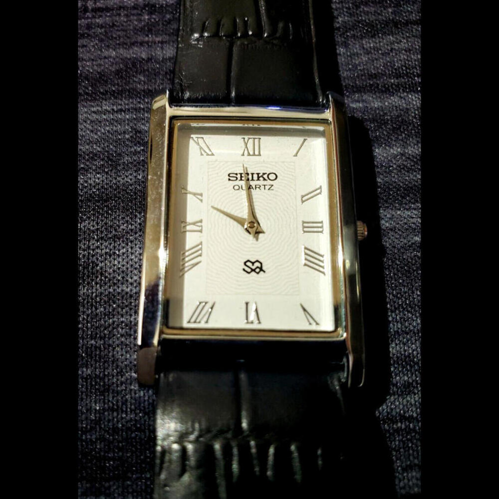 Vintage Tank Rectangular Gorgeous White Dial‎ Blk Leather Men Dress Watch⌚